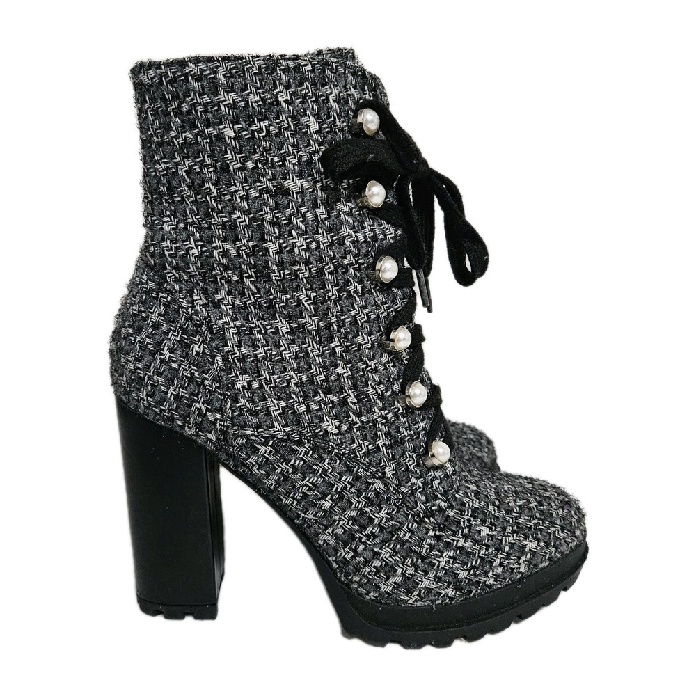 Just Fab Platform Lug Boots Women 7.5 Black Shandee Pearl Tweed Lace Up Gothic